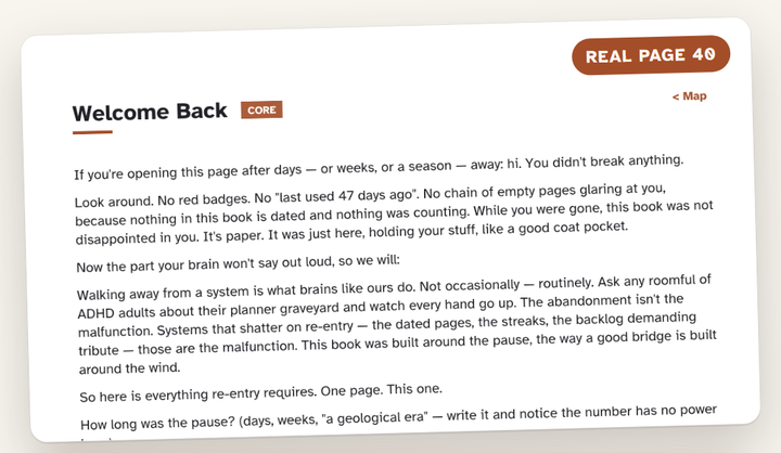 Page 40 of the workbook: Welcome Back — the re-entry page, exactly as it is inside