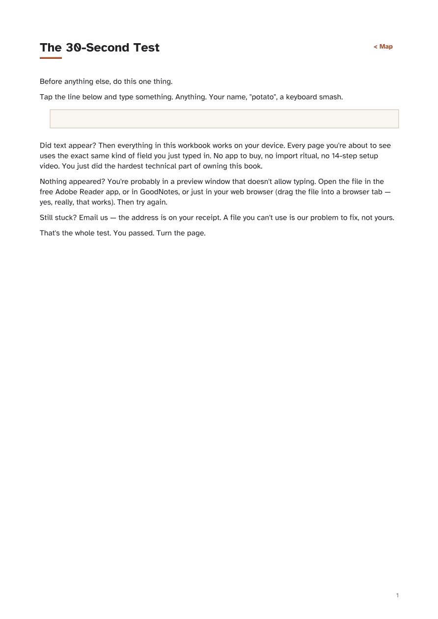 Page 1 of the workbook: The 30-Second Test — a single fillable line to prove the PDF works on your device