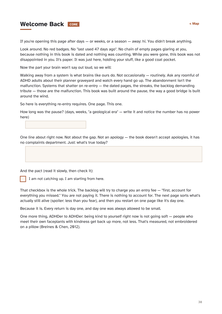 Page 38 of the workbook: Welcome Back — the re-entry page for returning after days or weeks away, with no catching up
