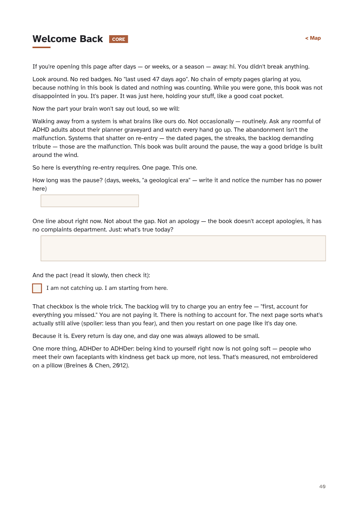 Page 40 of the workbook: Welcome Back — the re-entry page for returning after days or weeks away, with no catching up
