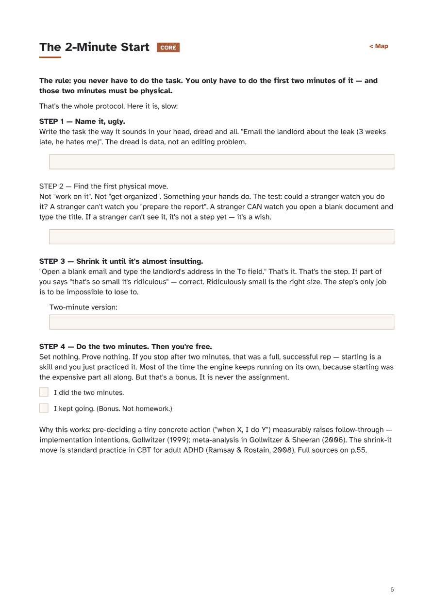 Page 6 of the workbook: The 2-Minute Start — the four-step core protocol with fillable fields for naming the task and its first physical step