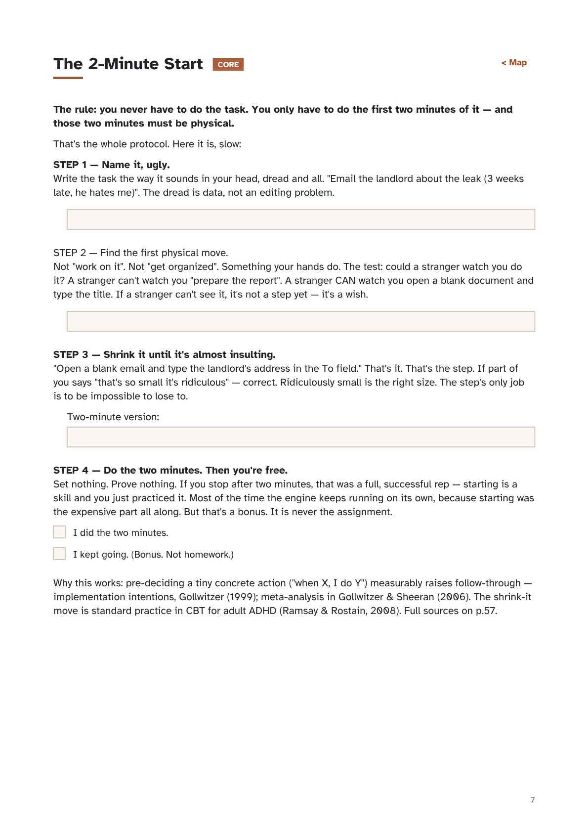 Page 7 of the workbook: The 2-Minute Start — the four-step core protocol with fillable fields for naming the task and its first physical step